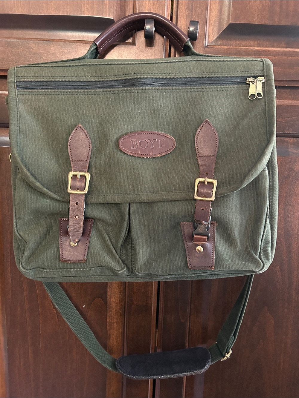 90’s Boyt Field Satchel Olive Green Canvas Leather Briefcase w Shoulder Strap